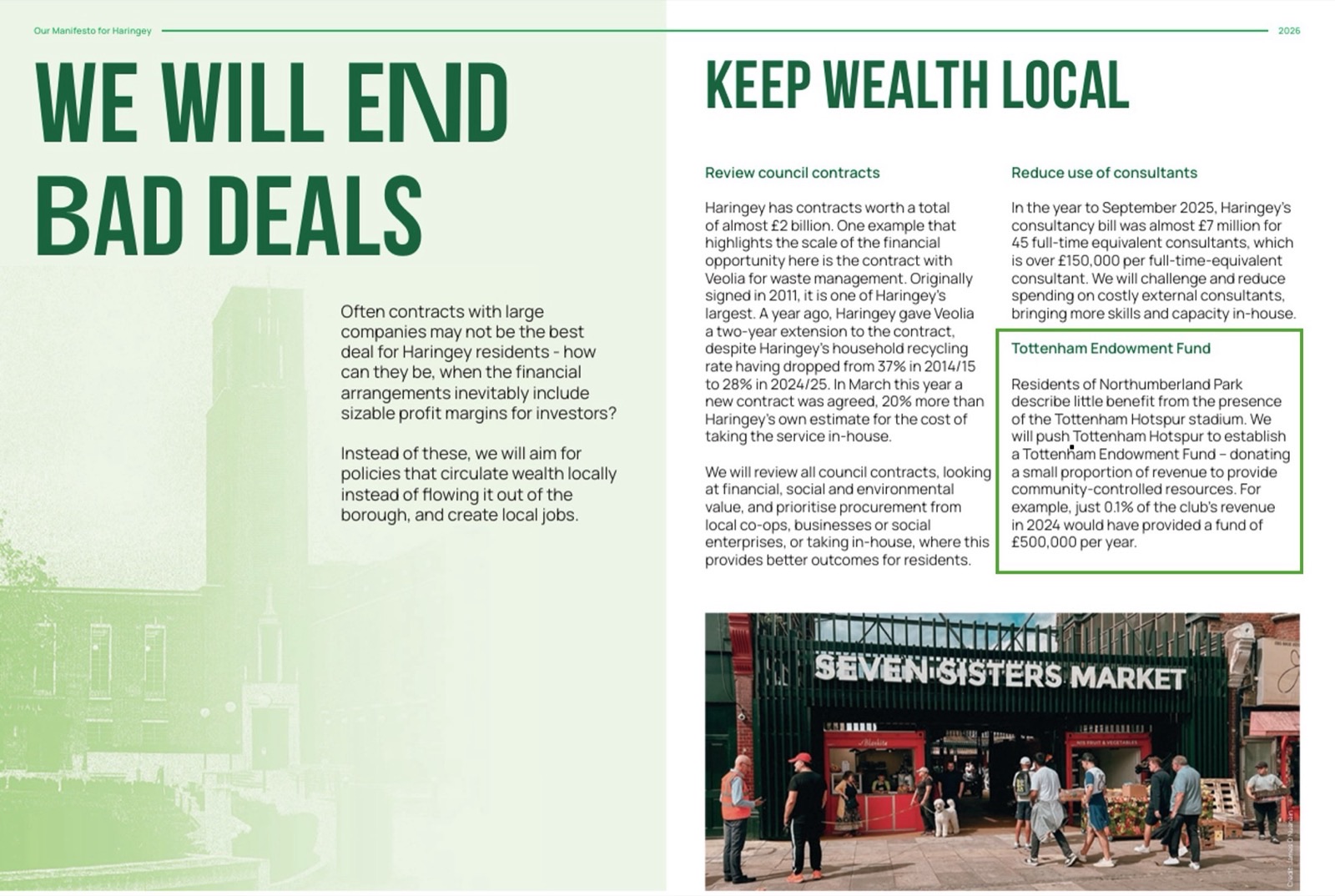 Pages from the Haringey Green Party 2026 manifesto headed Keep Wealth Local, with a highlighted proposal for a Tottenham Endowment Fund funded by Tottenham Hotspur